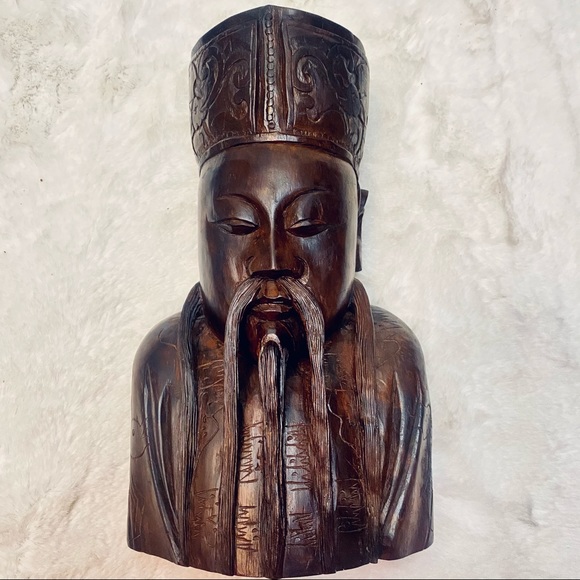 This is a Vintage Chinese Handcarved Hardwood Head Bust Statue Sculpture 13”x7” - Picture 1 of 16